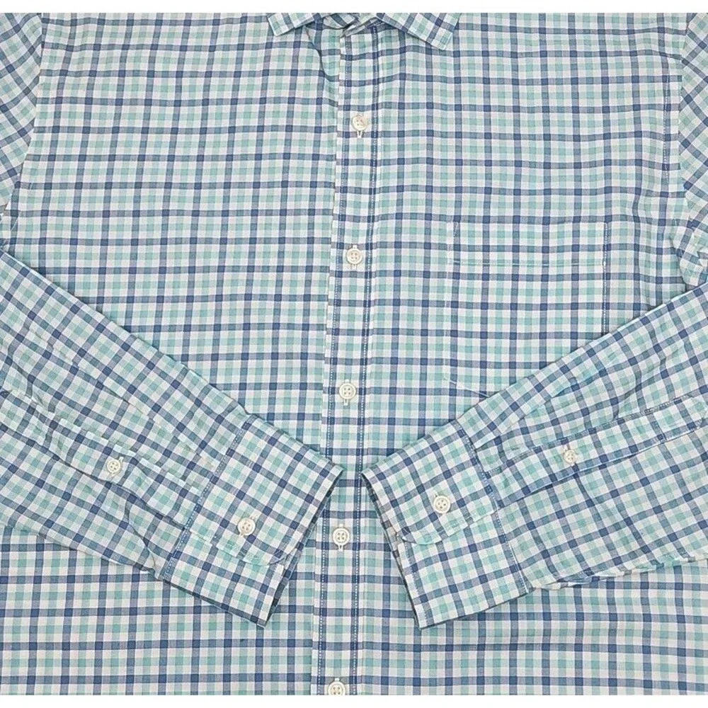 J Crew Shirt 120s 2-Ply Blue White Check Plaid Men Sz XL Button Long Slv Cotton